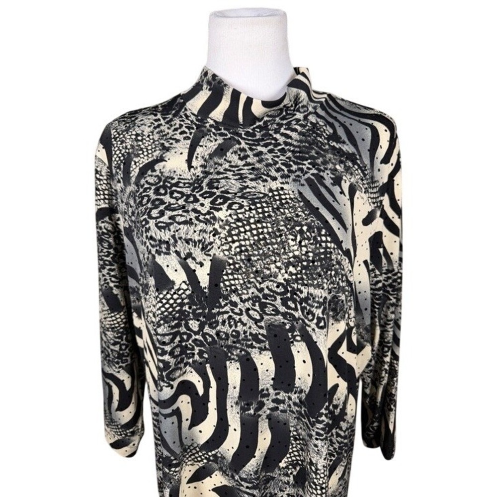 Susan Graver Womens XL Mixed Animal Print Mock Neck Sequin Tunic Top Black Cream